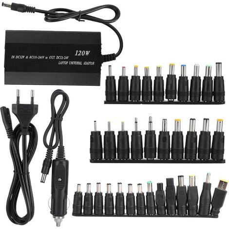 Adaptateur secteur universel pour ordinateur portable 90 W à usage domestique/voiture avec 34 connecteurs CC (110-240 V) (prise UE) (1/4)