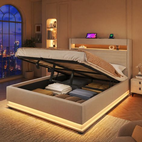 Cama tapizada 218x142x113 cm, con almacenaje hidráulico, LED y puertos USB Tipo C, lino beige (1/5)