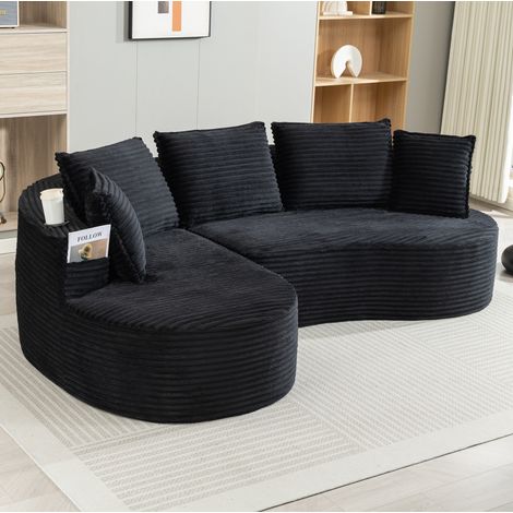Canapé de pana negro 250x152x82 cm con portavasos, bolsillos laterales y cojín (1/5)