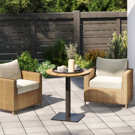 Gartentisch Ø70 cm, Wetterfest Rund Balkontisch mit Lamelldesign, Stahl Ø70 x 74H cm Naturholz