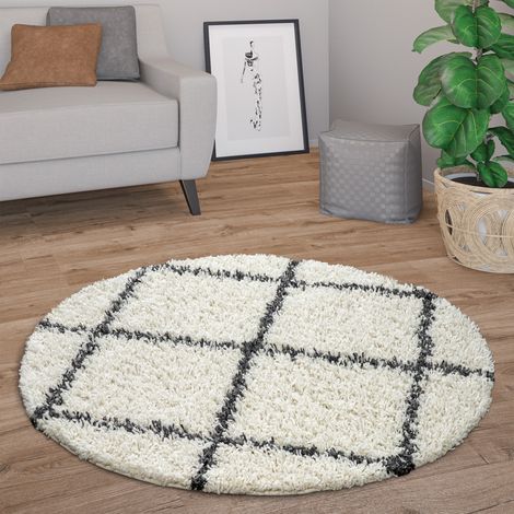 Paco Home Tappeto Salotto Pelo Lungo Rotondo Moderno Shaggy Pelo Lungo Scandinavo Diamanti Ø 160 cm tondo, Crema