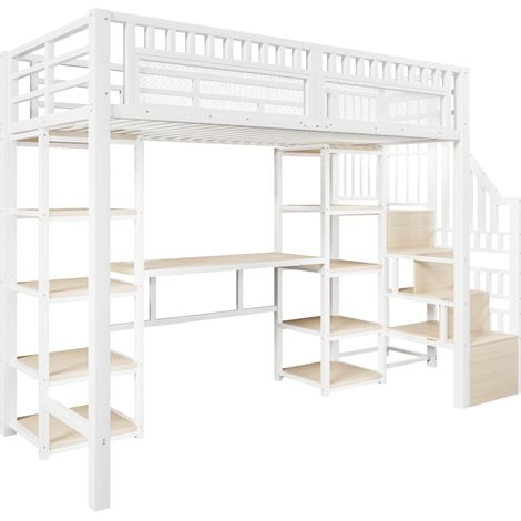 Letto a soppalco 90 x 200 cm in metallo e MDF, bianco, con scrivania, LED e USB (1/5)