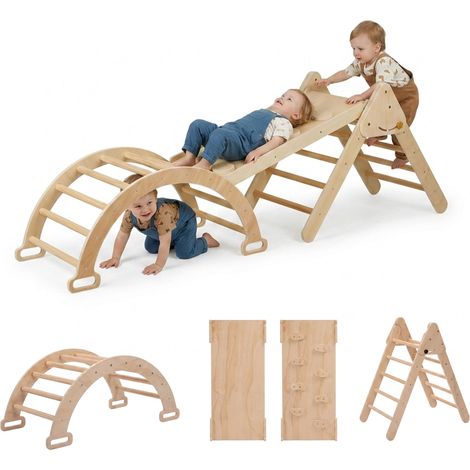 Relaxdays Kletterdreieck, 3 in 1, Kletterbogen, doppelseitige Rutsche, ab 18 Monaten, Holz, Indoor Klettergerüst, natur