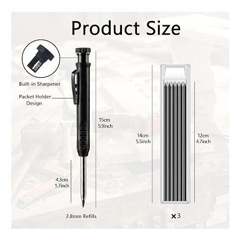 Construction Pencil, Carpenter's Mechanical Pencils with 18 Drawing Pencils, Black Work Pencil for Construction Workers (1/4)