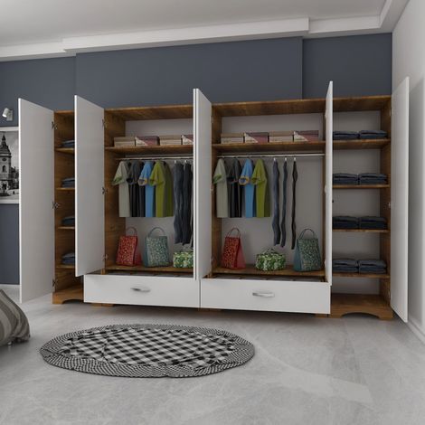Guardaroba Grande Madruzzo, Armadio Camera da Letto 10 Ripiani, 2 Cassetti, Appendiabiti, 243x181h cm Bianco (1/5)