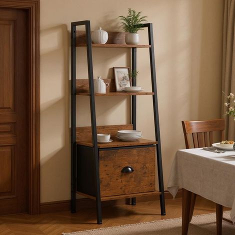 Étagère de Buffet Style échelle 42 x 29 x 110 cm, 4 Niveaux avec tiroir en Tissu, Panneaux de Bois de 12 mm et Cadre en métal de 20 mm, paroi arrière de 7,5 cm, Style Maison de Campagne (1/4)