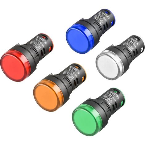Voyant LED 22mm - Lot de 5 - Plastique Robuste - Signalisation 12V DC/AC - Industrie et Tableau Électrique - Rouge Vert Jaune Bleu Blanc