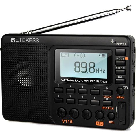 CCYKXA (Black) V115 Portable Radio, Small Rechargeable Radio, FM AM SW, Battery and Mains Powered, TF Card, Recorder, MP3, Sleep Timer, Bathroom, Kitchen