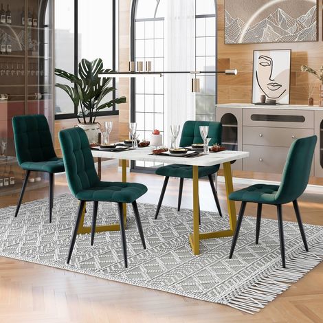 Ensemble repas 5 pièces, table 117 cm rectangulaire à pieds métal doré et 4 chaises en velours vert foncé (1/5)