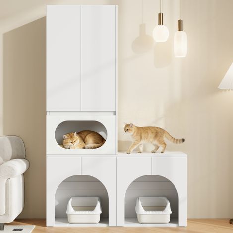 Modernluxe - Armoire de rangement/Meuble haut - Avec espace de repos pour animaux - Blanc (Bacs à litière non inclus) (1/5)