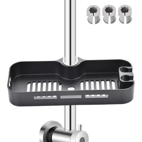 Duschregal, Duschregal für 22–25 mm Duschstange, Duschstangenregal mit 2 Haken und Duschkopfhalter, (schwarz) (1/5)