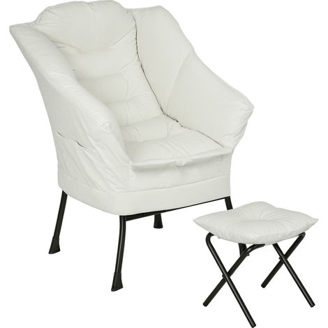 Fauteuil lounge avec repose-pieds, fauteuil relaxant avec poches latérales et pieds en acier pour salon ou chambre, couleur crème (1/5)