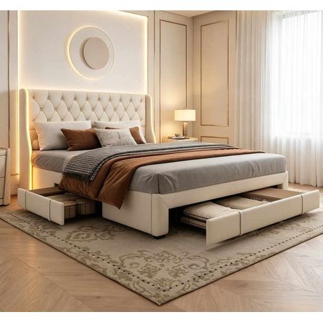 Letto matrimoniale 160x200 cm – Letto per adulti – Illuminazione LED – 3 cassetti in metallo – Rete a doghe – Velluto beige (1/5)