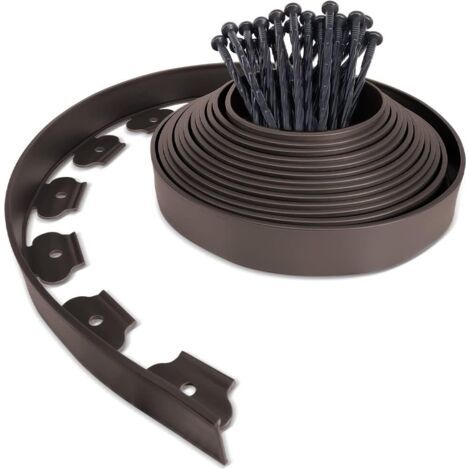 Bordure de Jardin en Plastique 10 mètres avec 30 Piquets d'ancrage Bordurette de Pelouse Flexible Bordure de Gazon avec piquets Solides Idée de Jardin Hauteur 50mm, Epaisseur 4mm Marron (1/5)