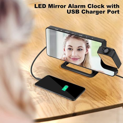 Réveil à projection Miroir Horloge Grand écran LED 7,5" Double alarme avec détection de lumière 6 modes de gradation LED Horloge numérique de bureau avec chargeur USB, 12/24 heures, Snooze, Double ala (1/4)