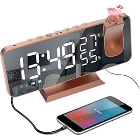 Ceiling Projection Alarm Clock, Digital Mirror Screen Projector Clock with Dimmer, 15 Volumes, 2 Ringtones, FM Radio Alarm Clock - Rose Gold (1/4)