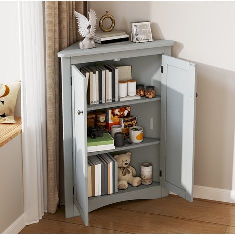 Armoire d'angle 61.5x80 cm grise en MDF avec 2 portes et 3 niveaux de rangement (1/5)