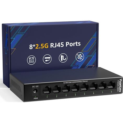 Switch Ethernet 8 Ports 2.5G, Switch Réseau Multi-Gig 2.5Gbps Non Géré avec 8 x 2.5GbE RJ45, Plug & Play, Bureau/Montage Mural, Switch LAN Métallique sans Ventilateur pour NAS, WiFi 6 AP (1/5)