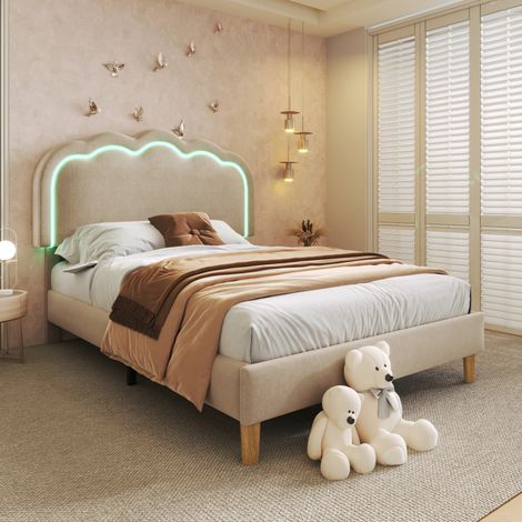 Letto singolo 90x190 cm in lino beige con LED e testiera regolabile FloraGrace (1/5)