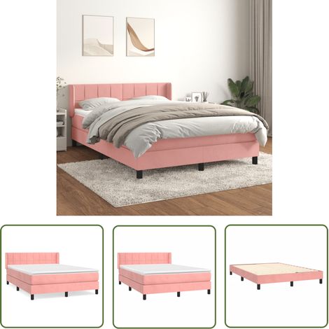 The Living Store Sommier à lattes de lit avec matelas Rose 140x190 cm Velours - Lit Tapissier - Lit Velours - Lit Double - Literie - Chambre À Coucher (1/5)