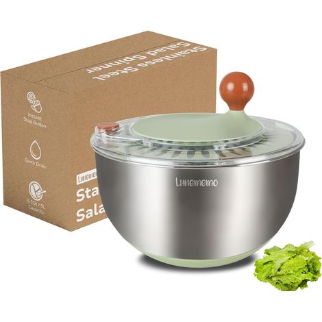 5L Essoreuse à Salade en Acier Inoxydable 18/10, Base Antidérapante, Bouton Stop, Utilisable en Saladier Inox, Sans BPA (1/5)