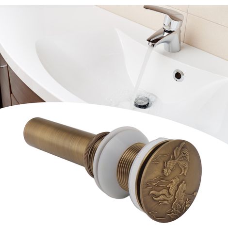 Bonde de lavabo ancienne entièrement en cuivre, avec orifice, bonde à ressort, sans orifice. (1/5)