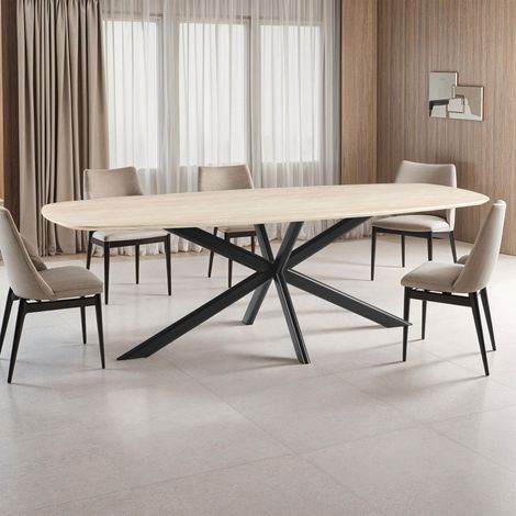 Table à manger 240x100x76 cm en bois effet travertin et pied en métal