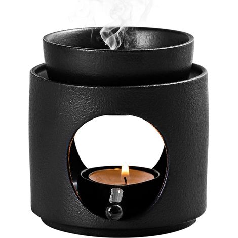 Lampe parfumée en céramique avec photophore - Lampe aromatique - Diffuseur d'huile et de cire - Réchaud pour huiles essentielles - Bol amovible (noir) (1/5)