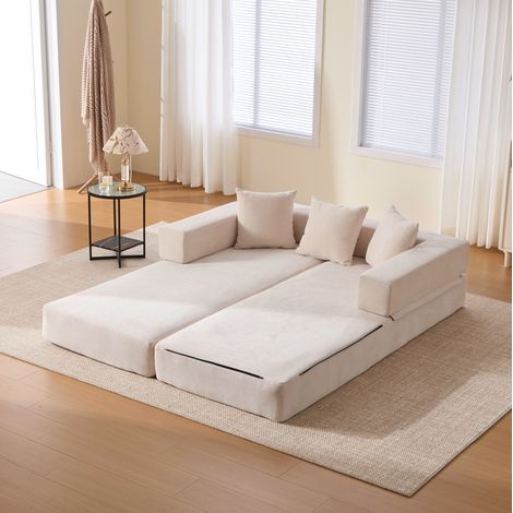 Divano modulare 198x79x60 cm in ciniglia beige antiscivolo per piccoli spazi - CHICFURN (1/5)