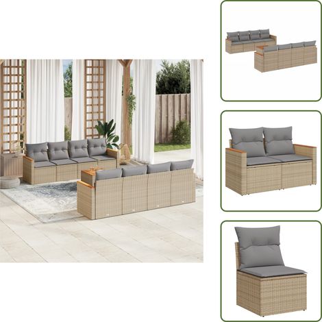 The Living Store Salon de jardin avec coussins 9pcs mélange beige résine tressée - Ensemble Salon De Jardin - Mobilier De Jardin - Canapé Extérieur - Table De Jardin - Chaise Lounge