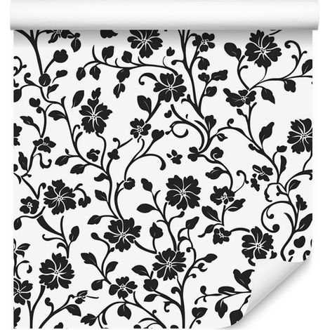 Papier peint à fleurs noires et blanches, gris, gris clair et blanc, 50 x 1000 cm (1/5)