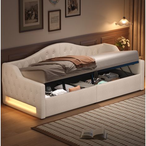 MEUBLIV Cama / estructura de cama 90x200 cm beige – LED, almacenamiento bajo la cama, sin colchón (1/5)