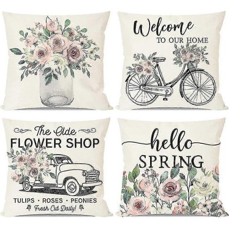 Housses de coussin printanières 45x45 cm, lot de 4, style champêtre, housses de coussin décoratives pour l'intérieur et l'extérieur (1/2)