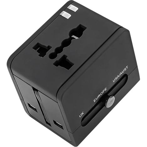 Memkey – Adaptateur de voyage universel pour 150+ pays – 2 ports USB pour chargement rapide – Prises EU, UK, US, AU, JP – Design compact et pliable (1/4)