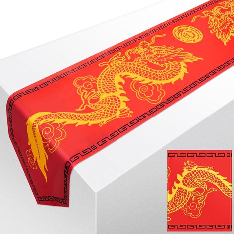 Chemin de table imprimé 28 cm x 1,8 m, motif dragon, décoration de table, accessoires de fête pour le Nouvel An chinois, décoration de table de cuisine (2 pièces) (1/5)