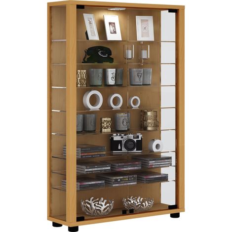 Lumo Mini Vitrinenschrank 2 Glastüren, Glasvitrinen mit LED-Leuchten Buche dekor.