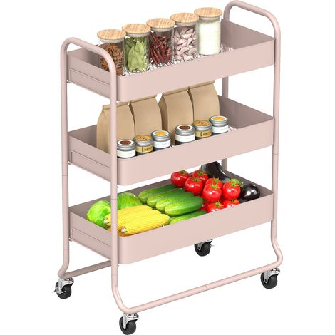 3-Tier Storage Trolley on Wheels, Rolling Utility Cart with Mesh Backets for Kitchen, Bathroom, Bedroom, Light Pink (1/5)