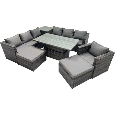 Fimous 9 Seater Outdoor Corner Sofa Height Adjustable Rising Lifting Table Set Garden Rattan Furniture Set with Side Table 2 Big Stool Dark Grey (1/5)