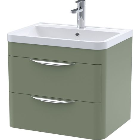 Balterley Aldershawe Contemporary Wall Hung 2 Drawer Bathroom Vanity Unit & Polymarble Basin, Satin Green, 600mm (1/3)