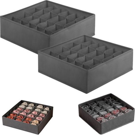 Boîte de rangement en 2 parties Boîte de rangement en tissu non tissé Boîte de rangement pour chaussettes 24 compartiments (Gris foncé 32 x 32 x 10 cm) (1/5)