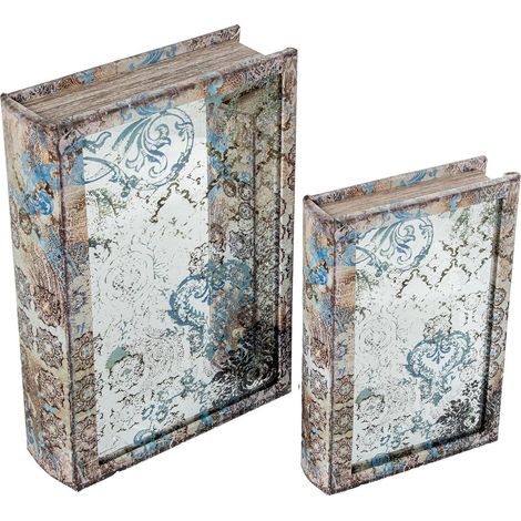 Lot de 2 caisses livre en bois MDF avec miroir et intérieur en velours naturel et fleuri 30 x 20 x 7 cm et 24 x 16 x 5 cm (1/3)