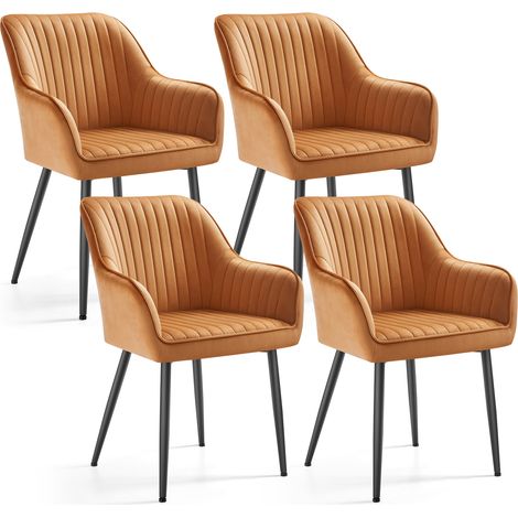 SONGMICS Chaise Salle à Manger, lot de 4, Chaise de Cuisine, Fauteuil en Velours, Rembourrée, avec Accoudoirs, Charge Max. 120 kg, Pieds en Métal, pour Salle à Manger, Marron Caramel et Noir d'encre