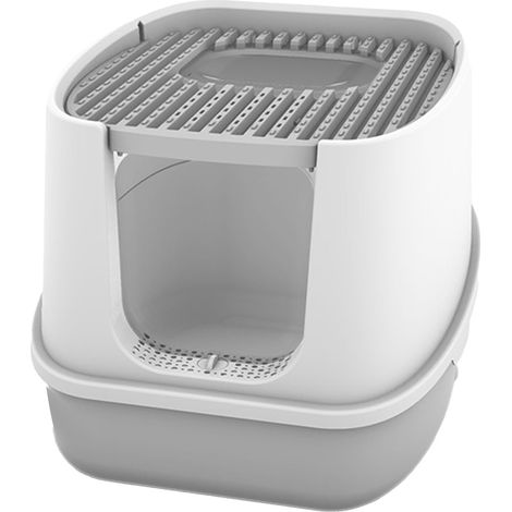 Grand bac à litière fendu pour toilettes pour chat, entièrement fermé, charbon actif, désodorisation, blanc grisâtre (1/5)