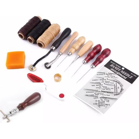 Outils de travail du cuir, couture à la main fil à coudre poinçon ciré dé à coudre kit 14 pièces outils de réparation de couture en cuir pour coudre du cuir pour le bricolage pour