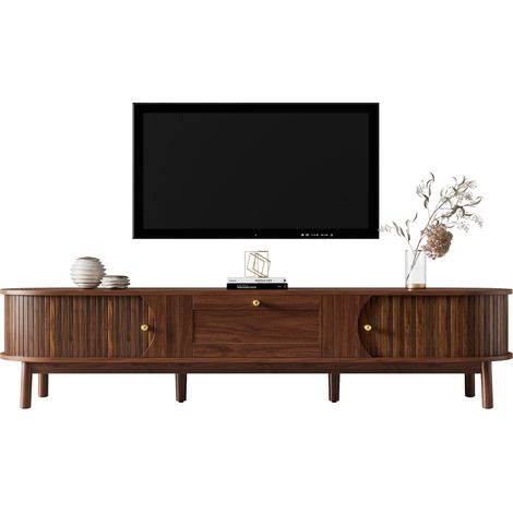 Mobile TV con 2 Cassetti e 2 Ante Scorrevoli, Angoli Arrotondati, Stile Moderno, 170×39,5×38 cm, in MDF, Noce (1/5)