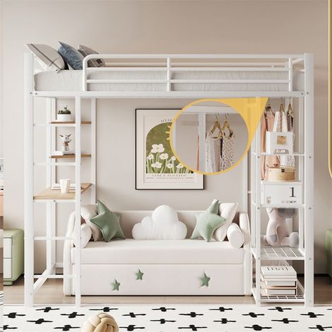 Lit mezzanine enfant 140x200 cm métal blanc avec bureau, étagères et rangement — sommier inclus (sans matelas)