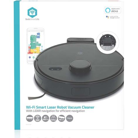 Nedis SmartLife Roboter-Staubsauger / Navigationsmethode: Laser-Navigation / Wi-Fi / Kapazität Auffangbehälter: 0.59 l / Automatisches Laden / Maximale Betriebszeit: 1.75 Std / Schwarz / Android™ / IO