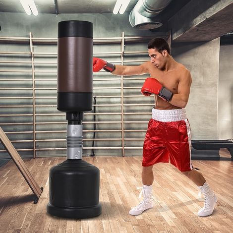 Sac de frappe autoportant réglable 158–186 cm, mannequin d’entraînement boxe et MMA, sac punching ball stable, noir et marron (1/4)
