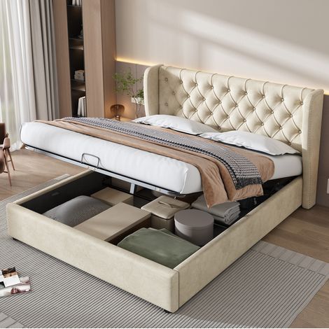 Cama con espacio de almacenamiento de terciopelo beige 140x190 cm, somier de láminas incluido (1/5)