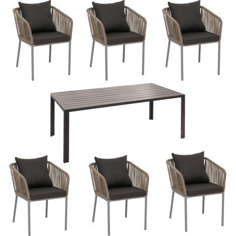 Garniture de jardin HWC-N41, table+6xchaises, résistant aux intempéries alu 180x80cm, corde tressée Rope gris clair, c (1/5)